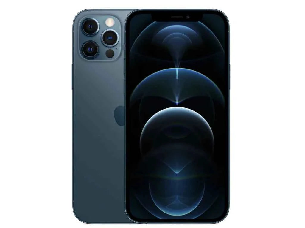 Buy Used iPhone 12 Pro in Pacific Blue showing front and triple camera back view