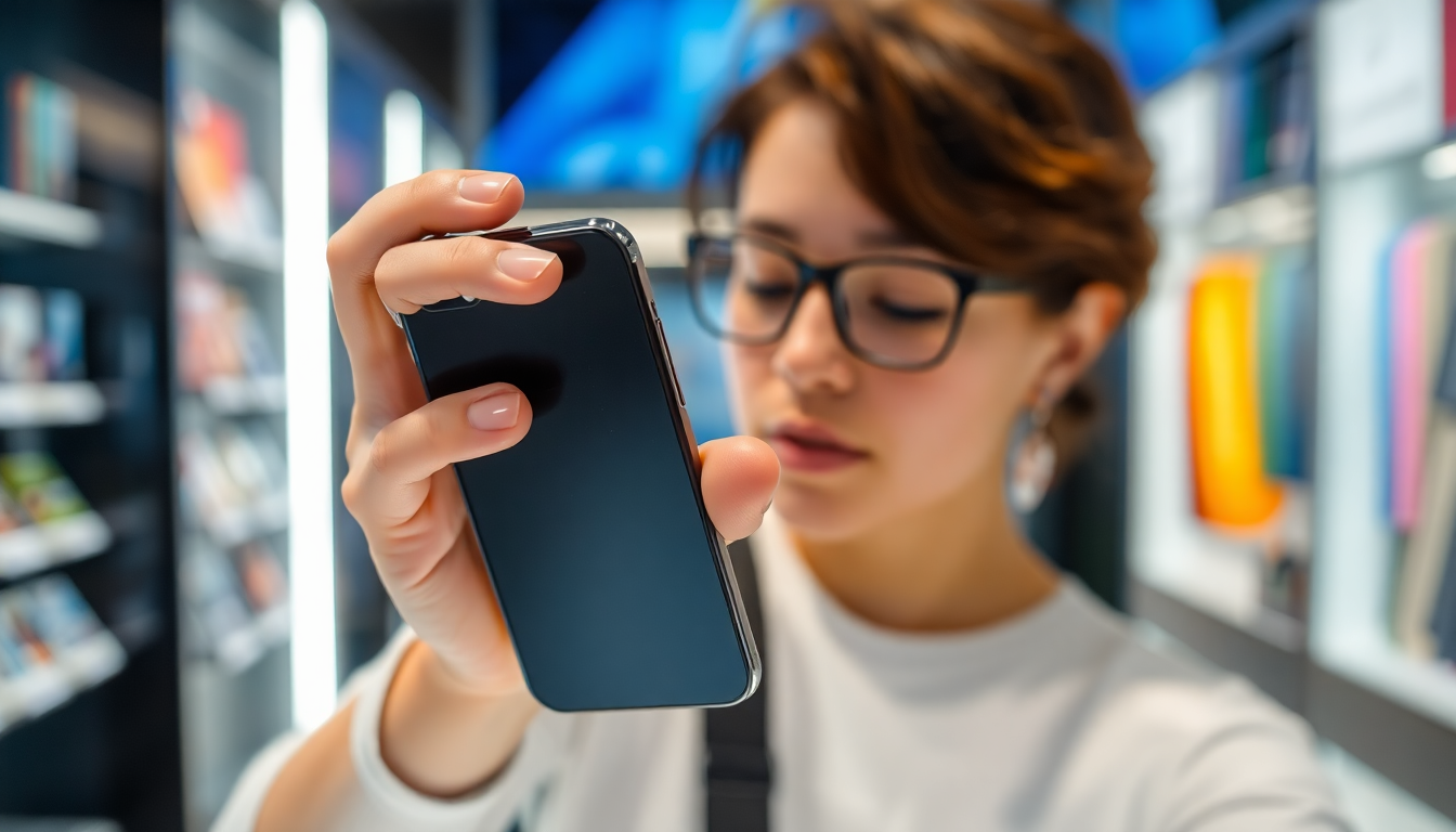 A person inspecting a used iPhone in a store