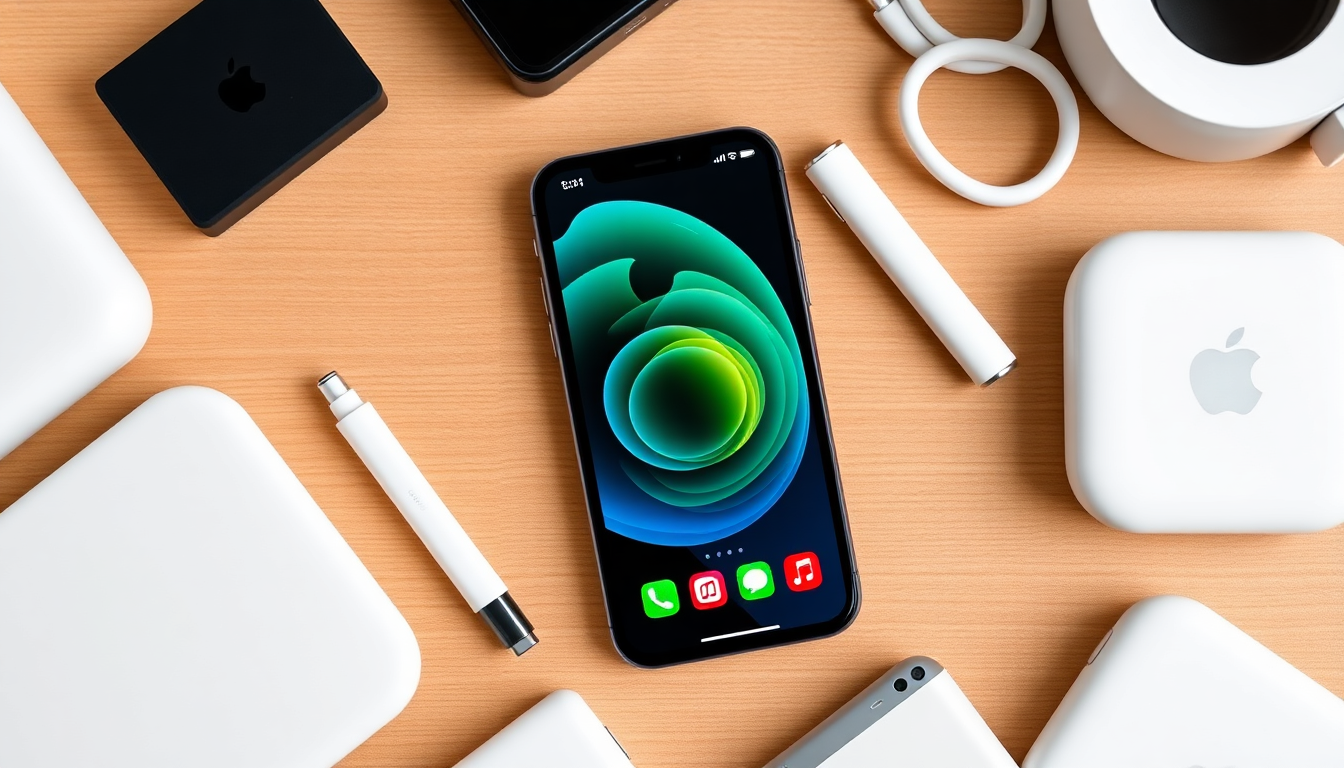 An iPhone surrounded by essential Apple accessories