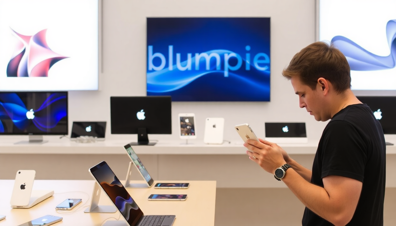 A customer browsing Apple devices at Blumpie Store